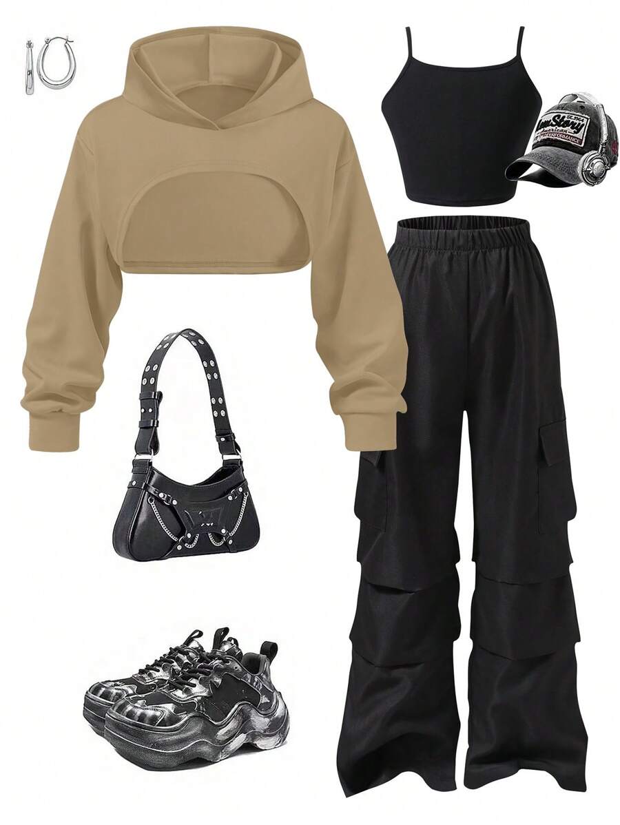 适合少女的 3 件 Y2K 服装：连帽长袖短款运动衫、黑色吊带背心和黑色工装裤 - 卡其色 - 查看 1