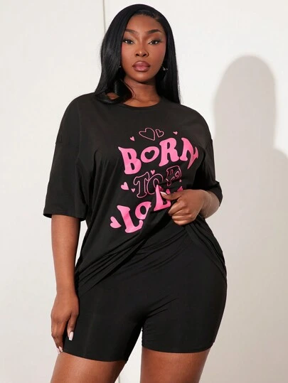 SHEIN SXY Plus Size Women's Valentines Letter & Heart Print Round Neck Loose Casual T-Shirt/Valentine's Day