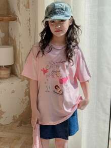 DAZY 少女圆领短袖印花休闲T恤，适合夏季穿着，也适合返校季和复活节穿着。 - 粉色 - 查看 3