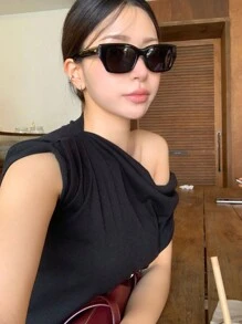 DAZY T-shirt femme à épaules dénudées, couleur unie, manches courtes, pour le printemps/été, noir