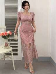 DAZY Women's Elegant Solid Color Lace Long Dress Elegant