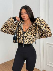 SHEIN EZwear Autumn/Winter Thermal Lined Drawstring Hoodie, Zip-Up Leopard Patchwork Cropped Casual Sweatshirt For Women