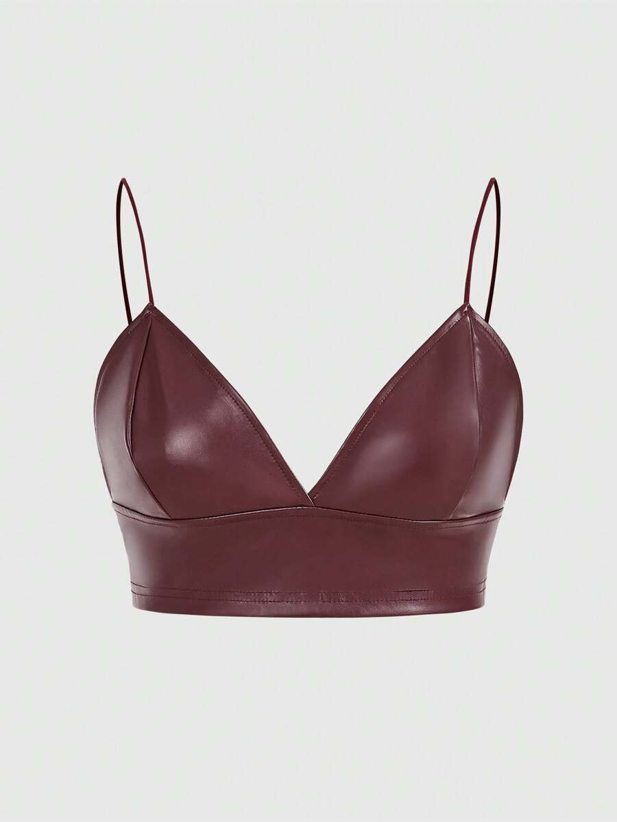 SHEIN ICON PU Leather Cropped Suspender Burgundy Slim Top - Burgundy - View 1