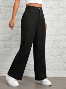SHEIN PETITE Autumn And Winter Wear Women's Solid Color Straight Corduroy Pants - Black - View 4