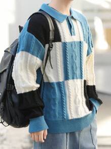 Manfinity Sporsity Men's Front Button Long Sleeve Plaid Casual Sweater, Everyday Wear