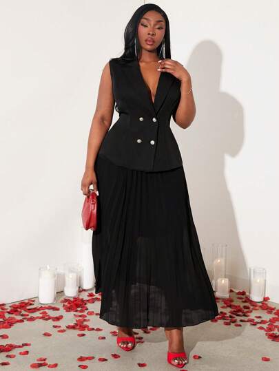 SHEIN SXY 大码女式无袖金属双排扣背心和雪纺百褶裙两件套，适合通勤、商务、性感妖娆、约会之夜、生日、单身派对装，可爱、休闲、购物、街头装、外出，易于搭配且看起来苗条，凸显您的身材，凸显身材，拉长腿部，适合夏季