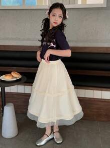 DAZY Tween Girl Tulle Puff Skirt, Princess Style, Summer,Back To School Clothes - Beige - View 4