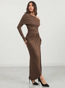 Glamine Women's Asymmetric Hem Ruched Slit Bodycon Evening Party Dress Fall Cloth For Women - Brown - View 4