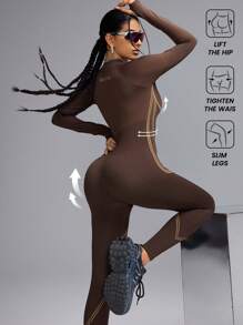 Innovista Seamless Brown 3d Dynamic Lines Sports Jumpsuit,Tummy Control & Butt-Lifting Overall,Workout Outfits,Daily Casual & Yoga Fitness,Tummy Control & Butt-Lifting,Yoga, Women Outfit,Jumpsuits For Woman,Skiing,Hiking, Outdoor,Cycle - Coffee Brown - View 2