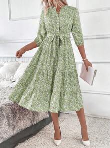 SHEIN Clasi 女式长款碎花立领休闲连衣裙 - 綠色 - 查看 4