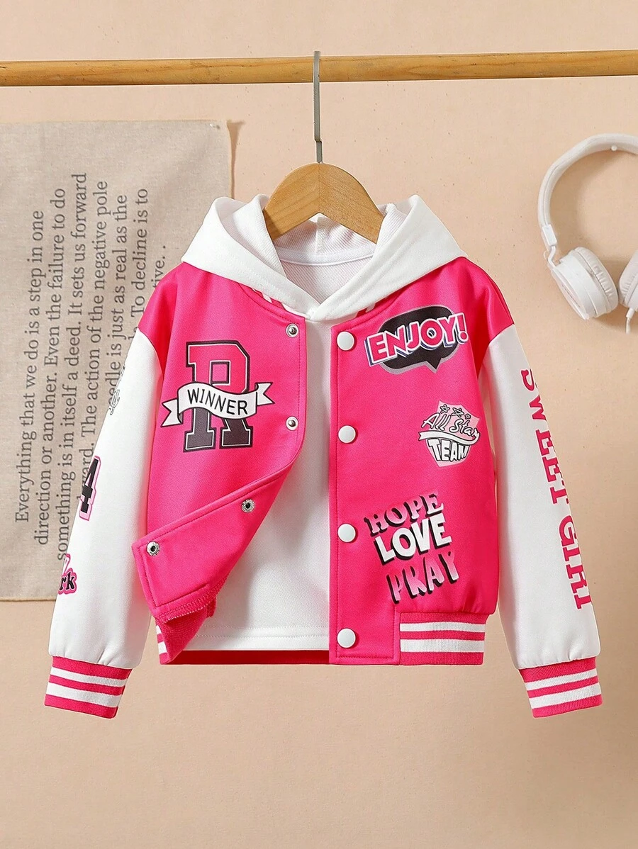 Girls' Cartoon Print Baseball Jacket, Simple Yet Stylish Design Fits Children Perfectly, Allowing Free Movement And Vibrant Liveliness, A Must-Have Versatile Piece In Their Wardrobe - Multicolor - View 1