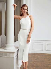 MOTF PREMIUM ONE SHOULDER SPLIT HEM DRESS - White - View 6
