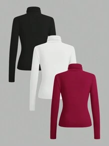 Modelyn 3件装女士基础款高领针织T恤，黑色、白色、棕色，秋冬款 - 彩色 - 查看 2