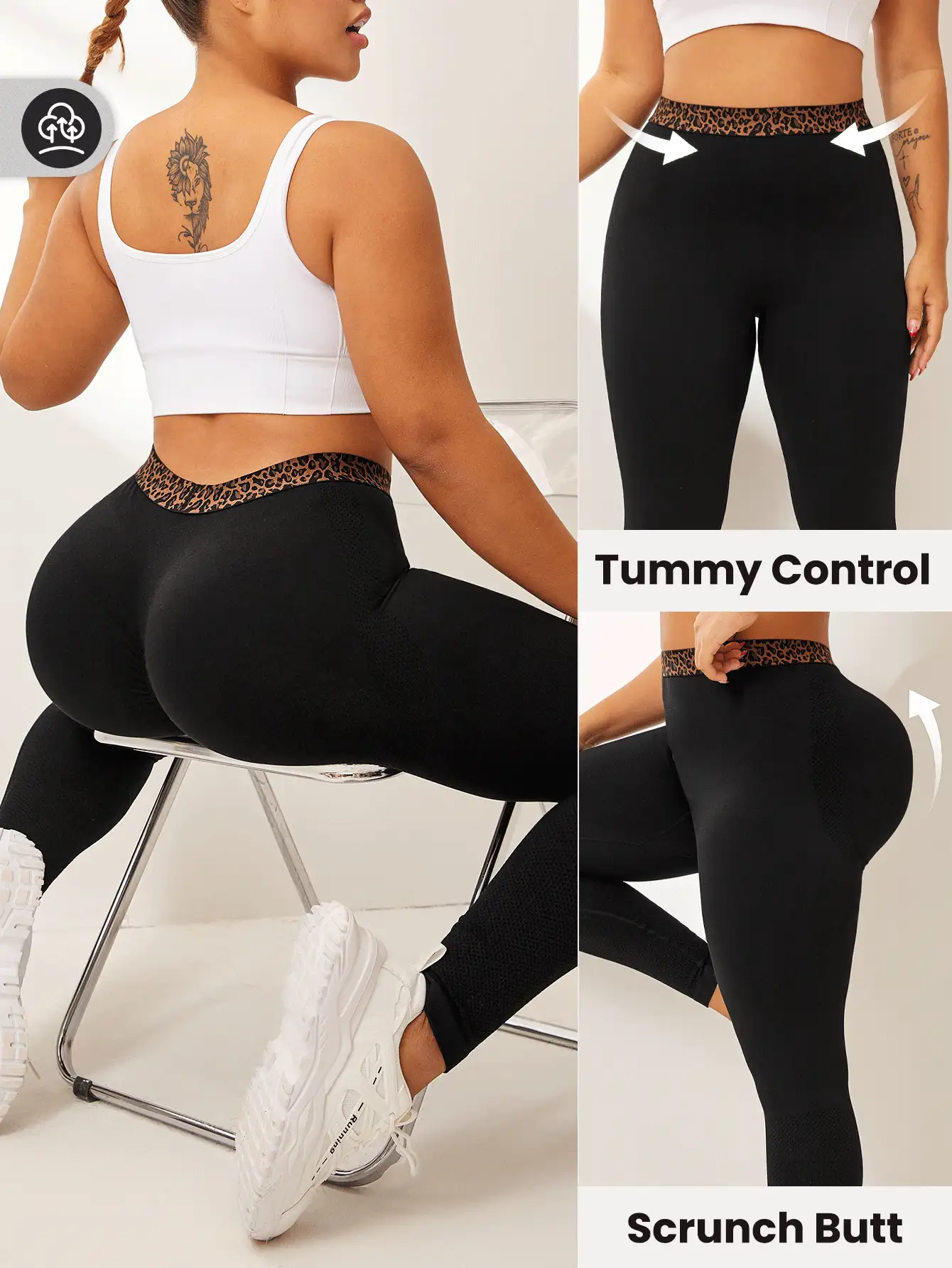 SHEIN Rhythm Era Plus Size Women Seamless Leopard Print Waist Spliced Sports Leggings - Black - View 3
