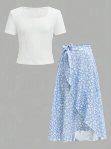 SHEIN Wildeya Set de 2 piezas para vacaciones para niña preadolescente, que incluye: falda con volantes de estampado floral ditsy y top de manga corta de punto. Un conjunto elegante de estilo princesa para vacaciones y fiestas, con diseño floral ditsy y decoración parcial, sin patrones tradicionales.
