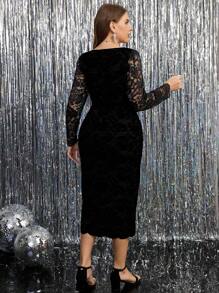 SHEIN Clasi Vestido de encaje de manga larga para mujer talla grande, elegante para ocasiones de fiesta, otoño/invierno