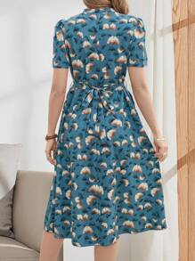 EMERY ROSE Women Elegant V-Neck Tie Up Short Sleeve Mid-Length Casual Dress