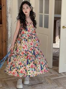 Dazy Kids Tween Girl Sleeveless Flower Print Simple Casual Dress Floral,Girls Summer Outfits,Back To School Clothes Vacation Easter - Red - View 1