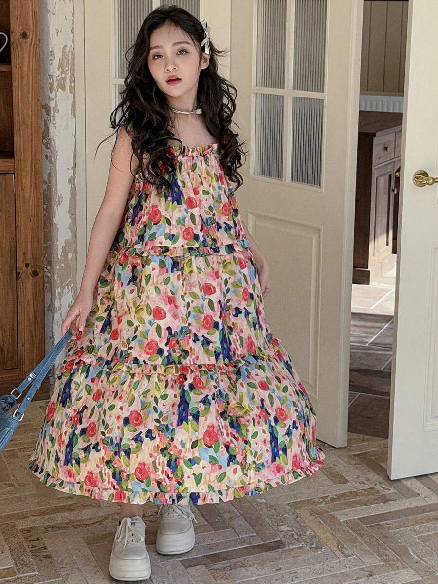 Dazy Kids Tween Girl Sleeveless Flower Print Simple Casual Dress Floral,Girls Summer Outfits,Back To School Clothes Vacation Easter - Red - View 1