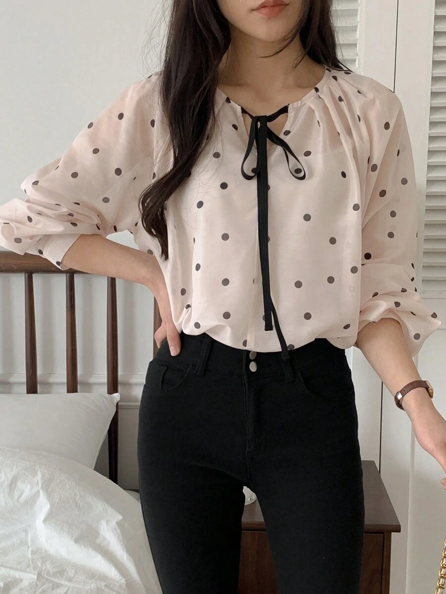 DAZY Polka Dot Long Sleeve Round Neck Drawstring Bowknot Decor Women's Blouse, Summer,Fall Clothes