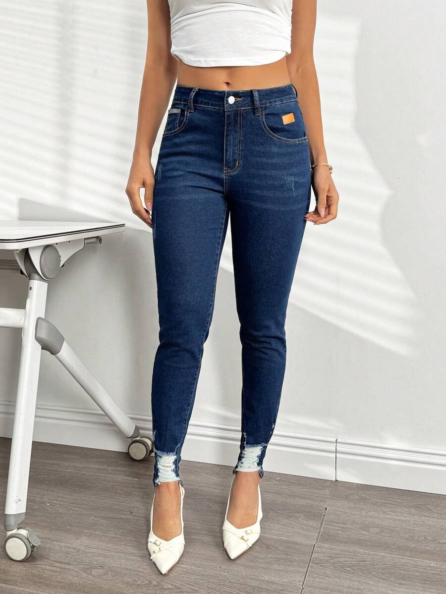 SHEIN Essnce 女士休闲破洞修身牛仔裤 - 藍色 - 查看 1