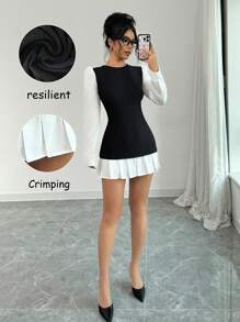 Chiquease Autumn/Winter Fitted Short Pleated Round Neck Dress, Versatile & De-Aging - Black and White - View 1