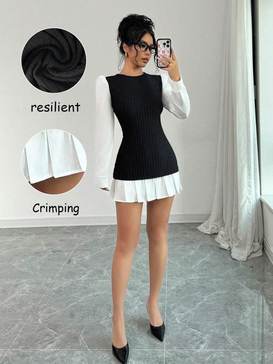 Chiquease Autumn/Winter Fitted Short Pleated Round Neck Dress, Versatile & De-Aging - Black and White - View 1