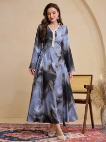 Al Najma Tie-Dye Print V-Neck Long Sleeve Cinched Waist Dress, Flowy Dress,Modest