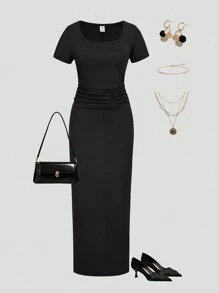 SHEIN Teen Girls Knit Short Sleeve Long Waist Cinched Boxy Neck Casual Fashionable All-Match Versatile Dresses, Girls Delicate Apparel, Suitable For Wedding Season, Floral/Partial Decor Style, No Traditional Pattern