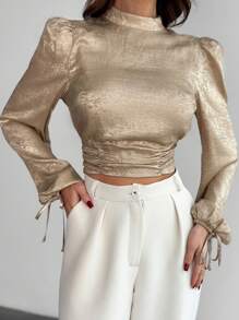 Firerie Blusa corta de mujer elegante para el trabajo con mangas atadas y recorte de volantes dorados, con espalda descubierta - Dorado - Ver 5