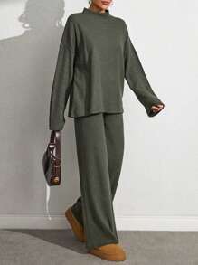 EURMUSE Rib Knit Green Top And Pants Set - Army Green - View 6