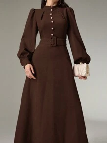 Heiryn Women's Stand Collar Button Design Long Sleeve Elegant Dress - Coffee Brown - View 5