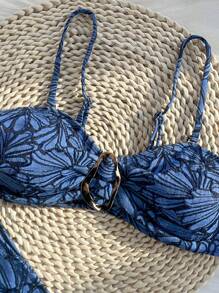 Swim Mod Bikini de 2 piezas para mujer con tirantes de espagueti, decoración metálica y tela texturizada, diseño sexy para el verano - Azul - Ver 4