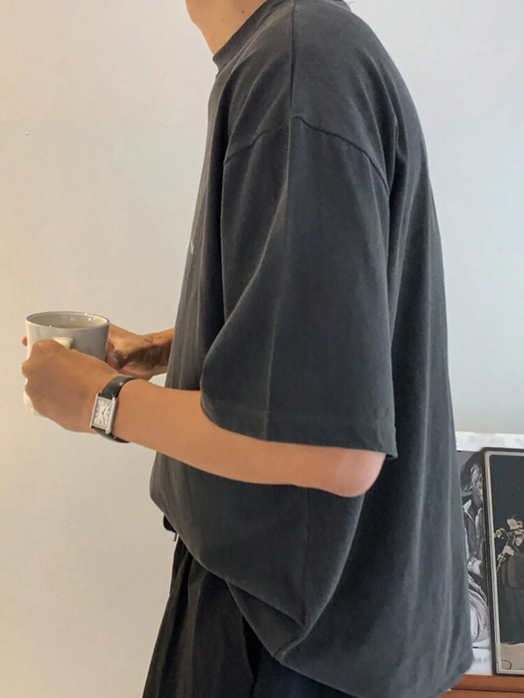 Men's Gray Letter Print Round Neck Short Sleeve Casual T-Shirt, Summer,Back To School Clothes