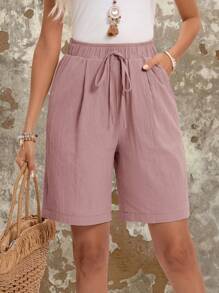 Faunlyn Solid Color Elastic Waist Slant Pocket Shorts Women's Summer Shorts Cotton Comfy Shorts - Baby Pink - View 4