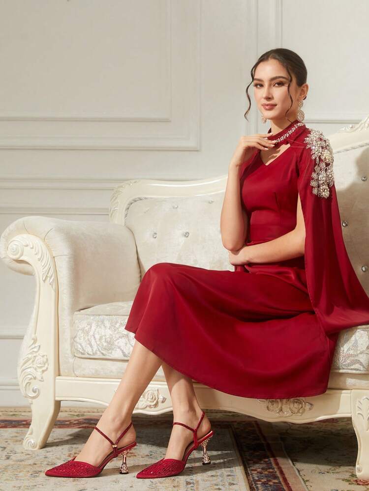 CUCCOO TILAWA Sandalias de tacón alto de punta afilada en color rojo con tacones de bloque decorados con rhinestones, zapatos de primavera para vacaciones de primavera y Pascua