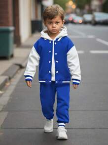 SHEIN 2pcs/Set Young Boys College Style Stand Collar Long Sleeve Jacket And Lengthened Pants Baseball Uniform Set, Oversized Loose Fit, Contrast Color Design, Classic & Fashionable, Soft And Comfortable, Suitable For Daily, School, Sports, Entertainment, Vacation