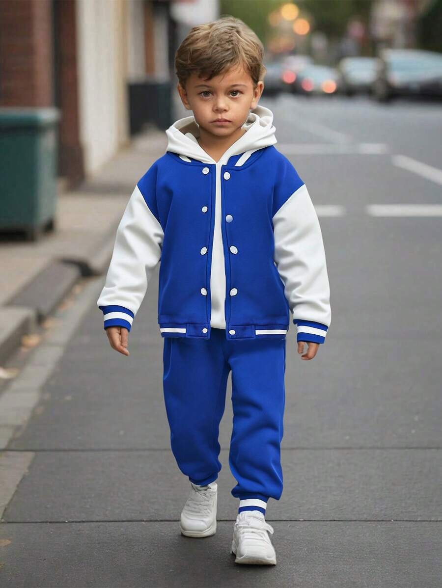 SHEIN 2pcs/Set Young Boys College Style Stand Collar Long Sleeve Jacket And Lengthened Pants Baseball Uniform Set, Oversized Loose Fit, Contrast Color Design, Classic & Fashionable, Soft And Comfortable, Suitable For Daily, School, Sports, Entertainment, Vacation