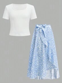 SHEIN Wildeya Set de 2 piezas para vacaciones para niña preadolescente, que incluye: falda con volantes de estampado floral ditsy y top de manga corta de punto. Un conjunto elegante de estilo princesa para vacaciones y fiestas, con diseño floral ditsy y decoración parcial, sin patrones tradicionales.
