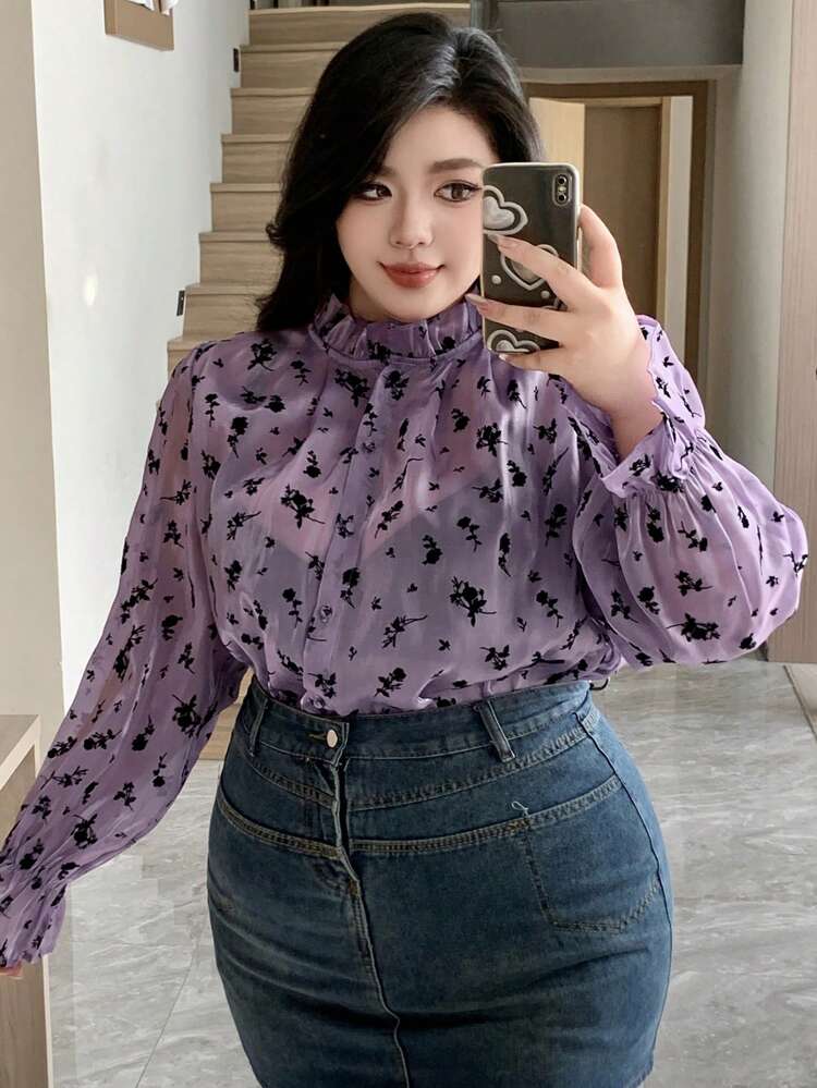 Dazy Plus Plus Size Purple Stand Collar Flocked Long Sleeve Shirt, "Holidaya Flower Vacation Beach" Style, Spring/Summer Floral