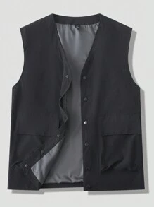 ROMWE MEN Men's Solid Color Single-Breasted Cargo Casual Loose Fit Utility Vest - Black - View 2