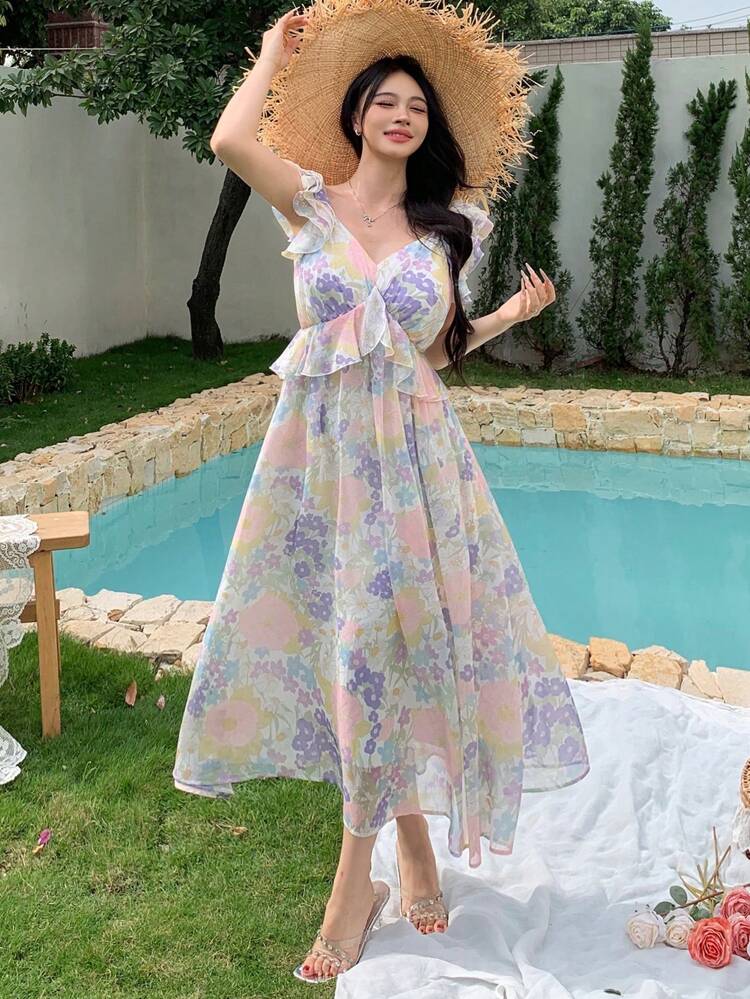 Women's Mid-Length Floral Print Cap Sleeve Mesh Dress Vacation Outfits Women Easter Maxi Dress Boho