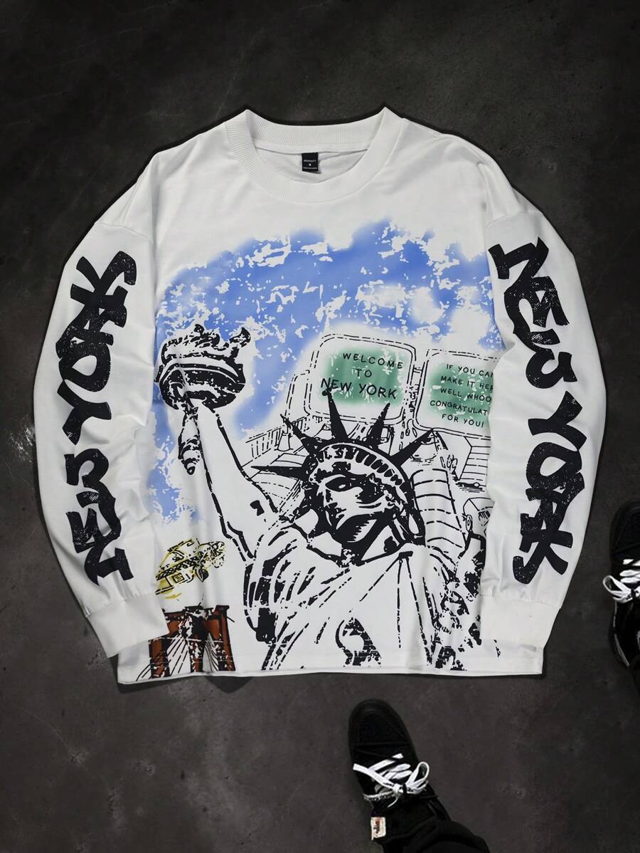 Manfinity EMRG 男士休闲图案印花T恤，简约时尚，适合日常穿着，适合秋季 - 白色 - 查看 1