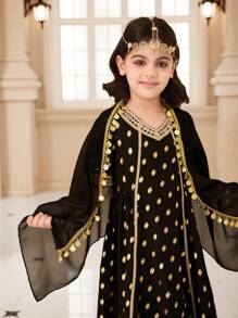 Young Girls' Abaya Kaftan Jalabiya Tunic, Elegant & Arabic Ramadan Festival Dress With Glitter Polka Dots, Tassels Headscarf, Floor-Length Dress - Multicolor - View 6