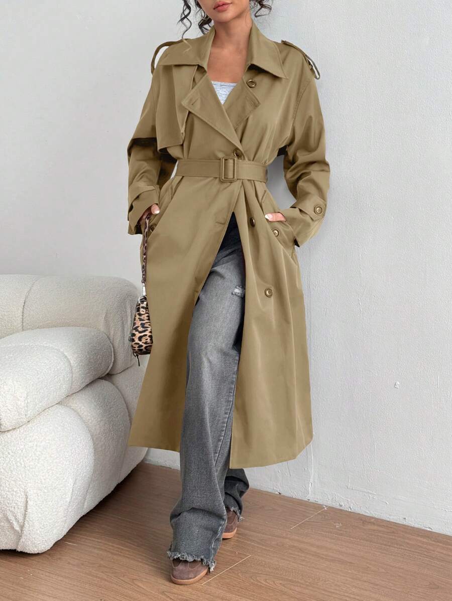 SHEIN Unity Long Red Silhouette Fashion Casual Loose Style Trench Coat - Khaki - View 1