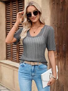 EMERY ROSE Suéter de punto gris de manga corta y escote en V casual para mujer, versátil para primavera/verano