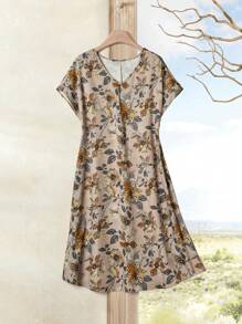 Rusticease 女士 V 领短袖花卉印花休闲中长连衣裙 - 彩色 - 查看 1