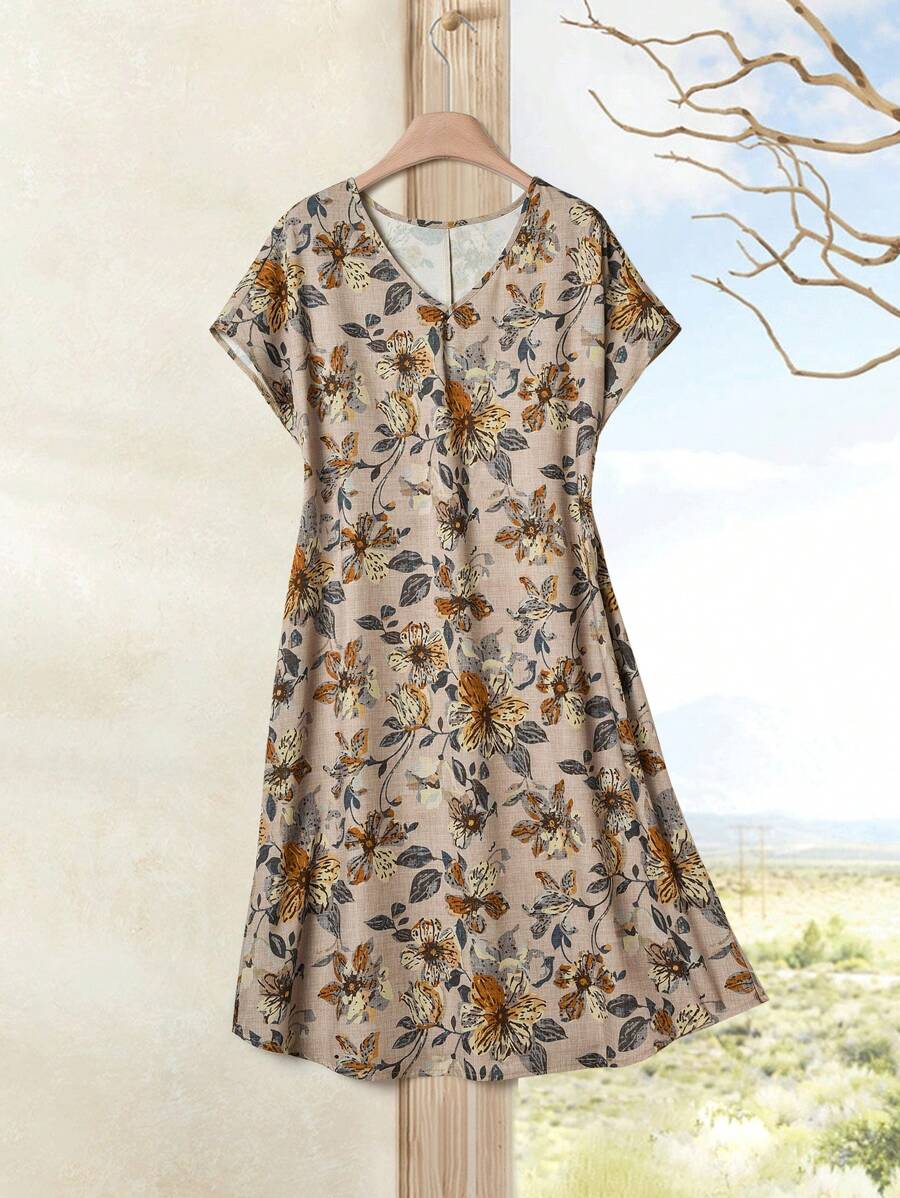 Rusticease 女士 V 领短袖花卉印花休闲中长连衣裙 - 彩色 - 查看 1