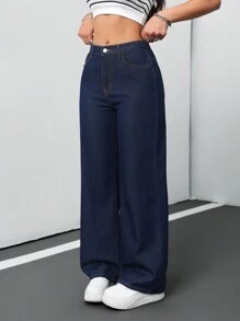 SHEIN Tall CURVE 女士加大码深蓝色宽松牛仔阔腿裤夏季 7 月 4 日女士 7 月 4 日工作机场度假俱乐部高腰牛仔裤复古