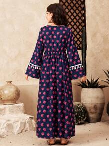 SHEIN Teen Girls Navy Blue Rose Woven Print Patchwork, Flared Sleeves, Tassel Belt Casual Dress, Ramadan, National Day, Eid Al-Fitr, Eid Al-Adha - Royal Blue - View 2